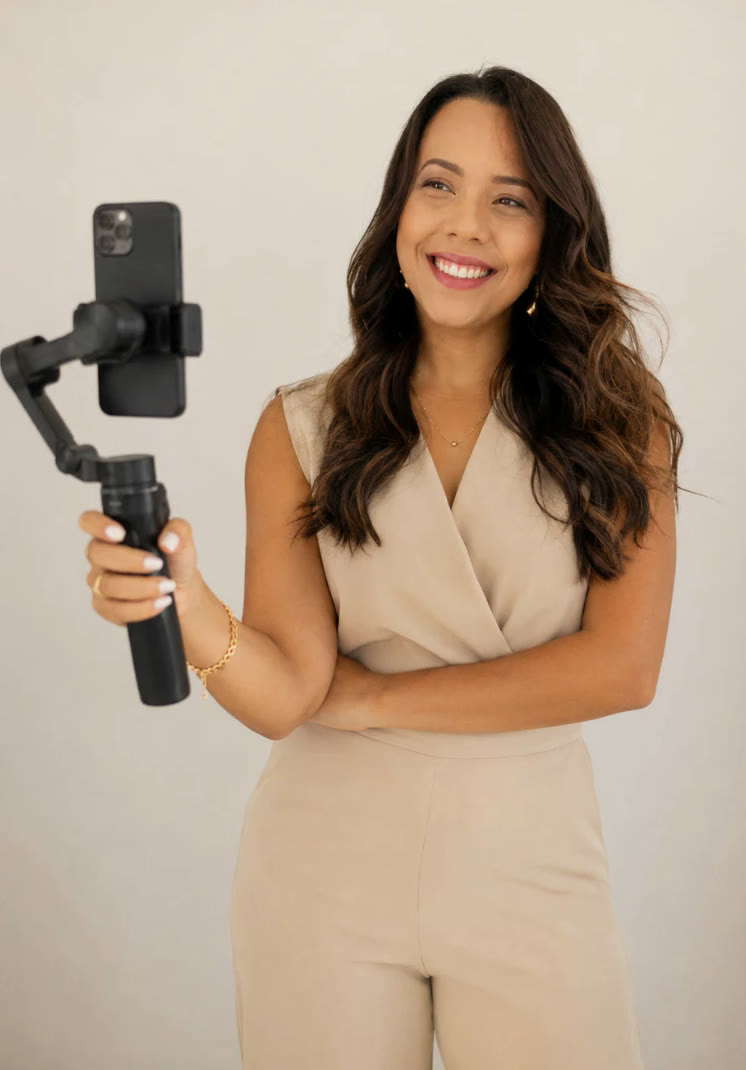 Keully Anne Reis com o celular no gimbal
